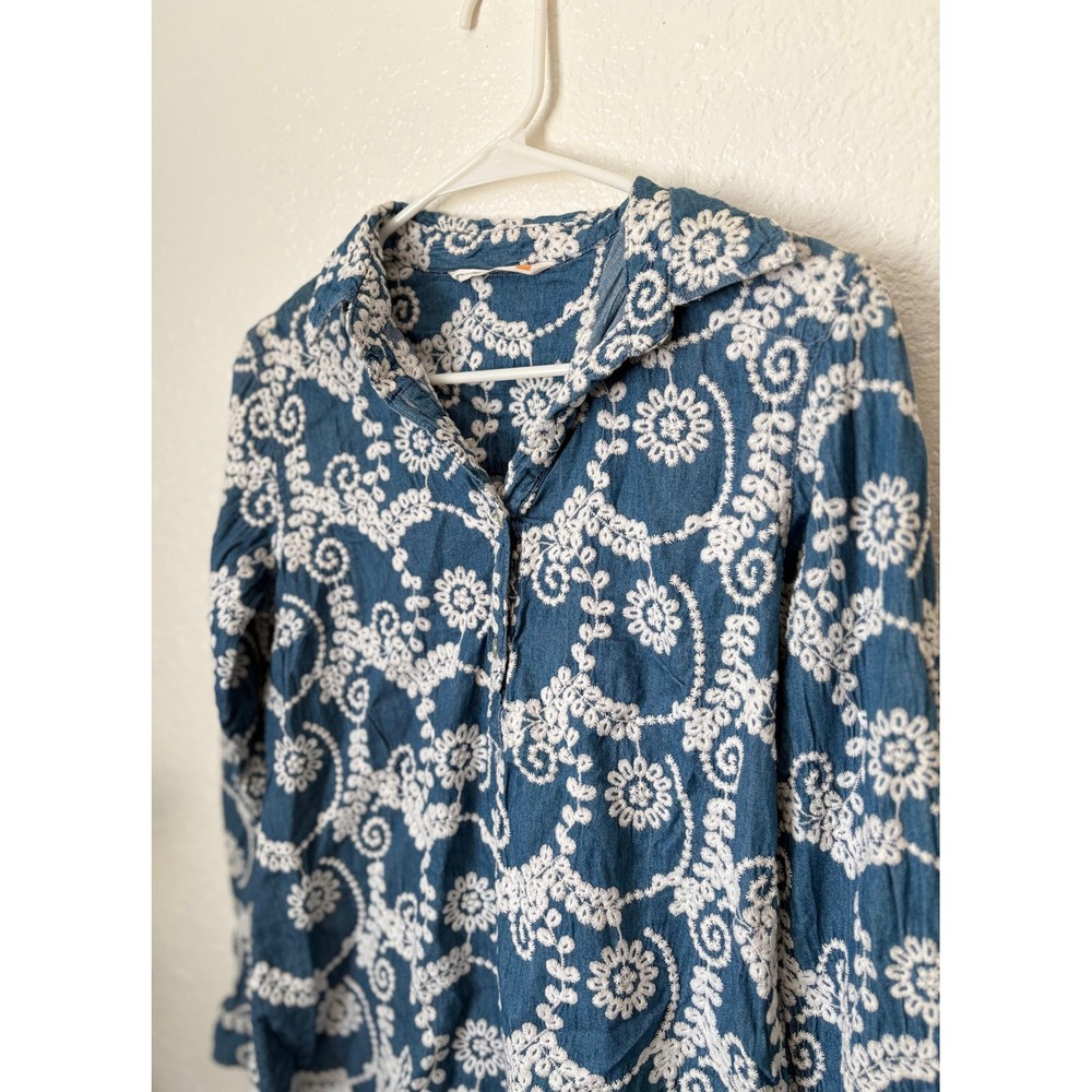Given‎ Kale Embroidered Floral Denim Long Sleeve Top Western Coquette Boho Indie